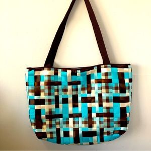 Beautiful Woven Ribbon Tote Brown, Cream, Teal- EUC‎